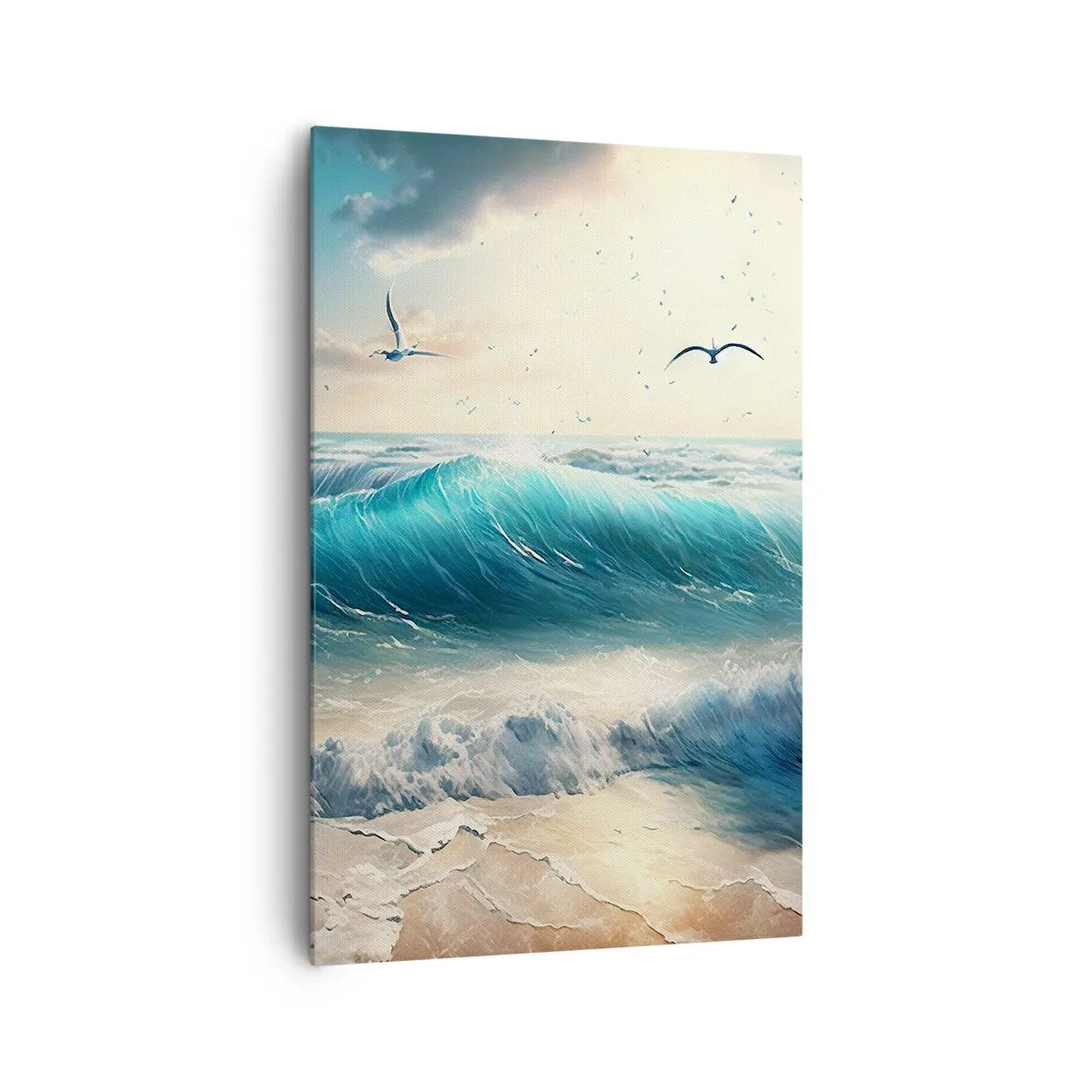 Impression sur toile - Image sur toile - Vagues de la mer sur la plage sous un ciel bleu avec des mouettes - 80x120cm - Ça bourdonne seulement pour toi - Décoration murale moderne pour le salon et la chambre ARTTOR