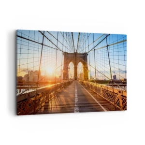 Impression sur toile - Image sur toile - Le pont à la lumière du soleil couchant avec vue sur la ville - 100x70cm - Sur le pont d'or - Décoration murale moderne pour le salon et la chambre ARTTOR