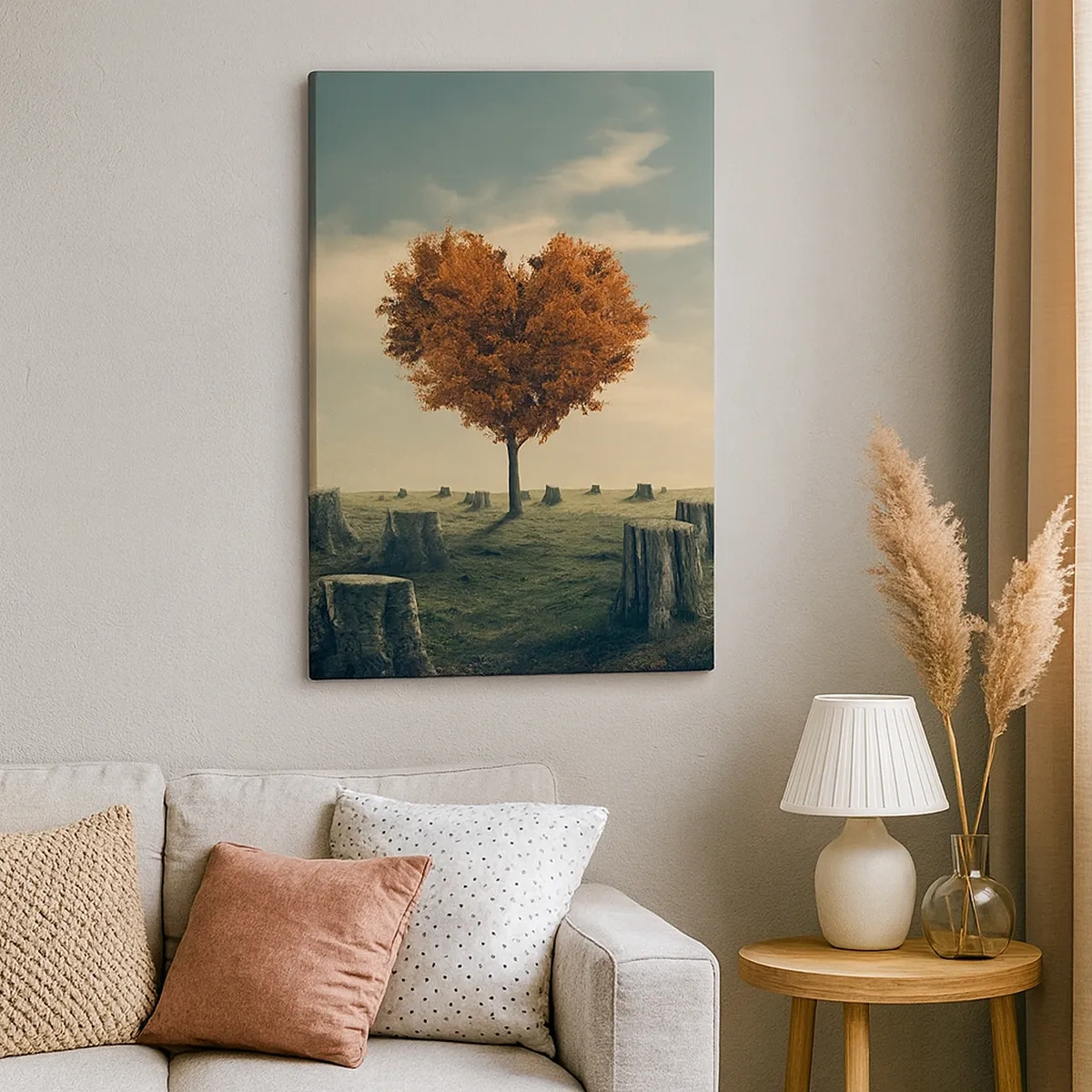 Impression sur toile - Image sur toile - Un arbre en forme de cœur dans un champ de souches, symbole d'espoir - 50x70cm - Il y a toujours de l'espoir - Décoration murale moderne pour le salon et la chambre ARTTOR