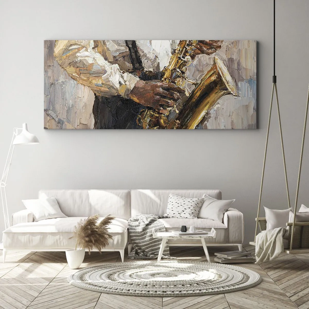 Impression sur toile - Image sur toile - Un musicien jouant du saxophone dans un style artistique - 160x50cm - C'est l'heure du solo - Décoration murale moderne pour le salon et la chambre ARTTOR