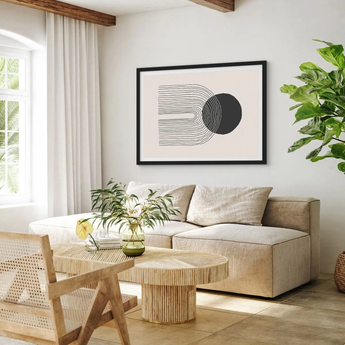 Affiche dans un cadre noir - Poster - Motif abstrait avec des lignes et un cercle noir sur un fond clair - 70x50cm - Tremblement et confiance - Décoration murale moderne pour le salon et la chambre ARTTOR