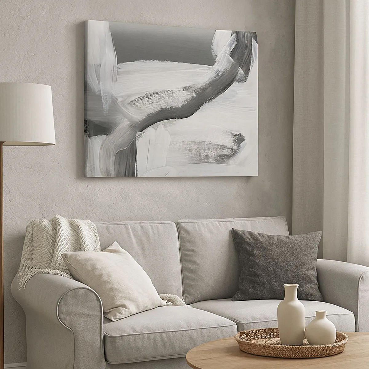 Impression sur toile - Image sur toile - Abstraction grise et blanche avec des lignes dynamiques - 70x50cm - Un geste décisif - Décoration murale moderne pour le salon et la chambre ARTTOR