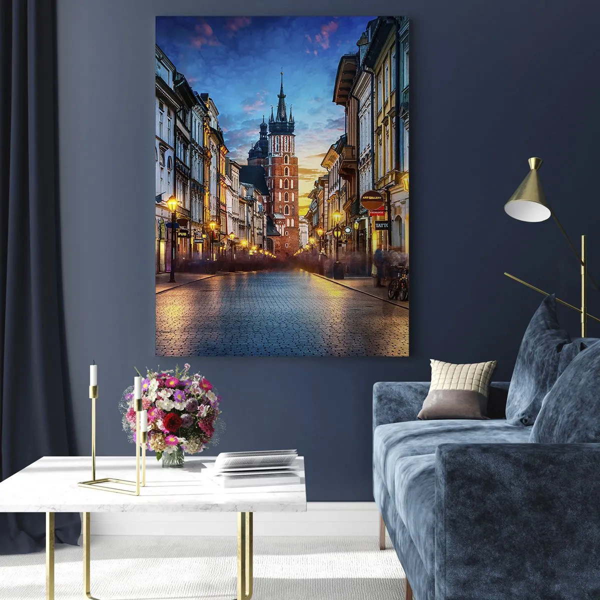 Impression sur verre - Image sur verre - Rue du soir avec vue sur la cathédrale de Cracovie - 80x120cm - La magie de Cracovie - Décoration murale moderne pour le salon et la chambre ARTTOR