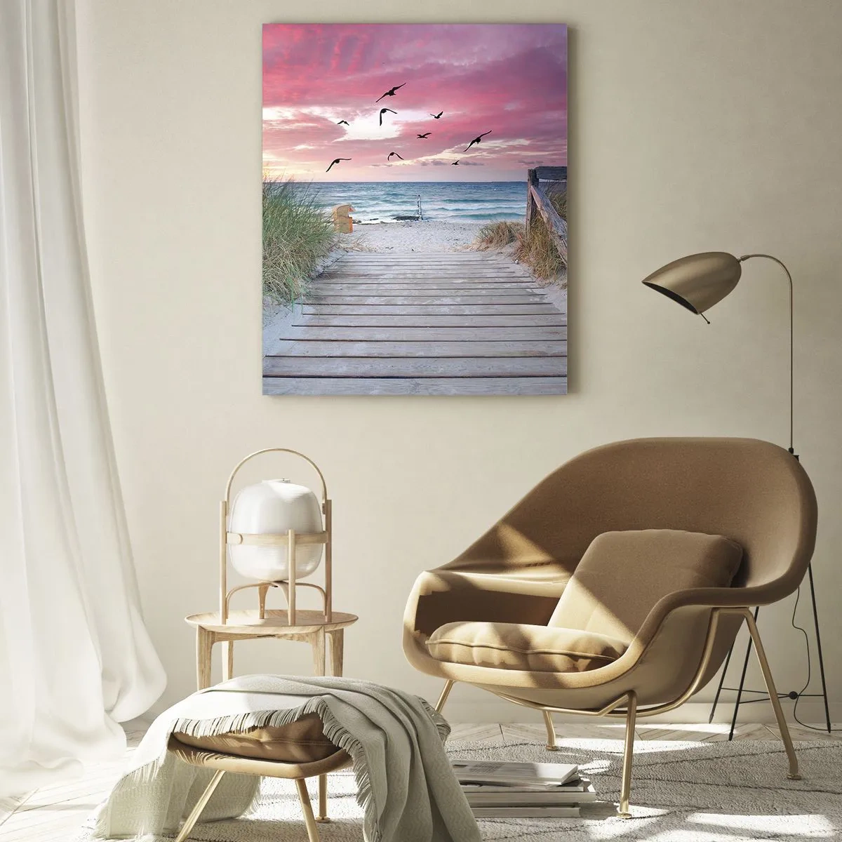 Impression sur verre - Image sur verre - Chemin vers la plage au coucher du soleil avec des oiseaux qui volent - 50x70cm - Impression de la Baltique - Décoration murale moderne pour le salon et la chambre ARTTOR