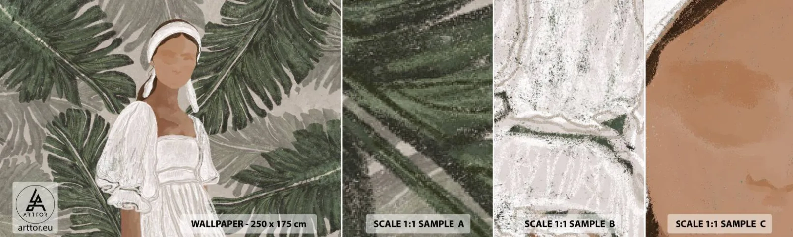 Échantillon De Papier Peint Standard Eco - Portrait exotique - Bohème, Femme, Feuilles - 100x30 cm