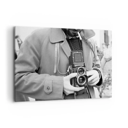 Impression sur toile - Image sur toile - Photo en noir et blanc d'un homme avec un appareil photo rétro - 100x70cm - Dans un style rétro - Décoration murale moderne pour le salon et la chambre ARTTOR