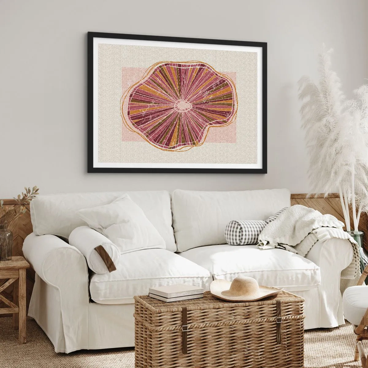 Affiche dans un cadre noir - Poster - Motif abstrait de tranches d'arbre dans des tons roses - 70x50cm - Abstraction rayonnante - Décoration murale moderne pour le salon et la chambre ARTTOR