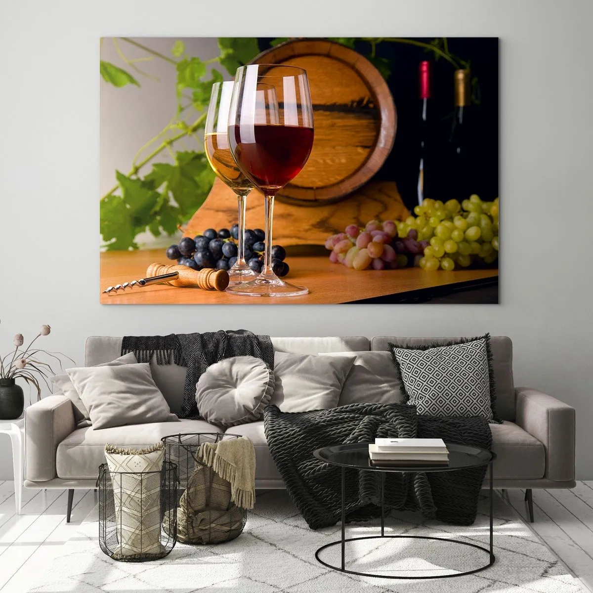 Impression sur verre - Image sur verre - Verres de vin, raisins et un tonneau sur fond de feuilles de vigne - 100x70cm - Comme les vieux maîtres - Décoration murale moderne pour le salon et la chambre ARTTOR