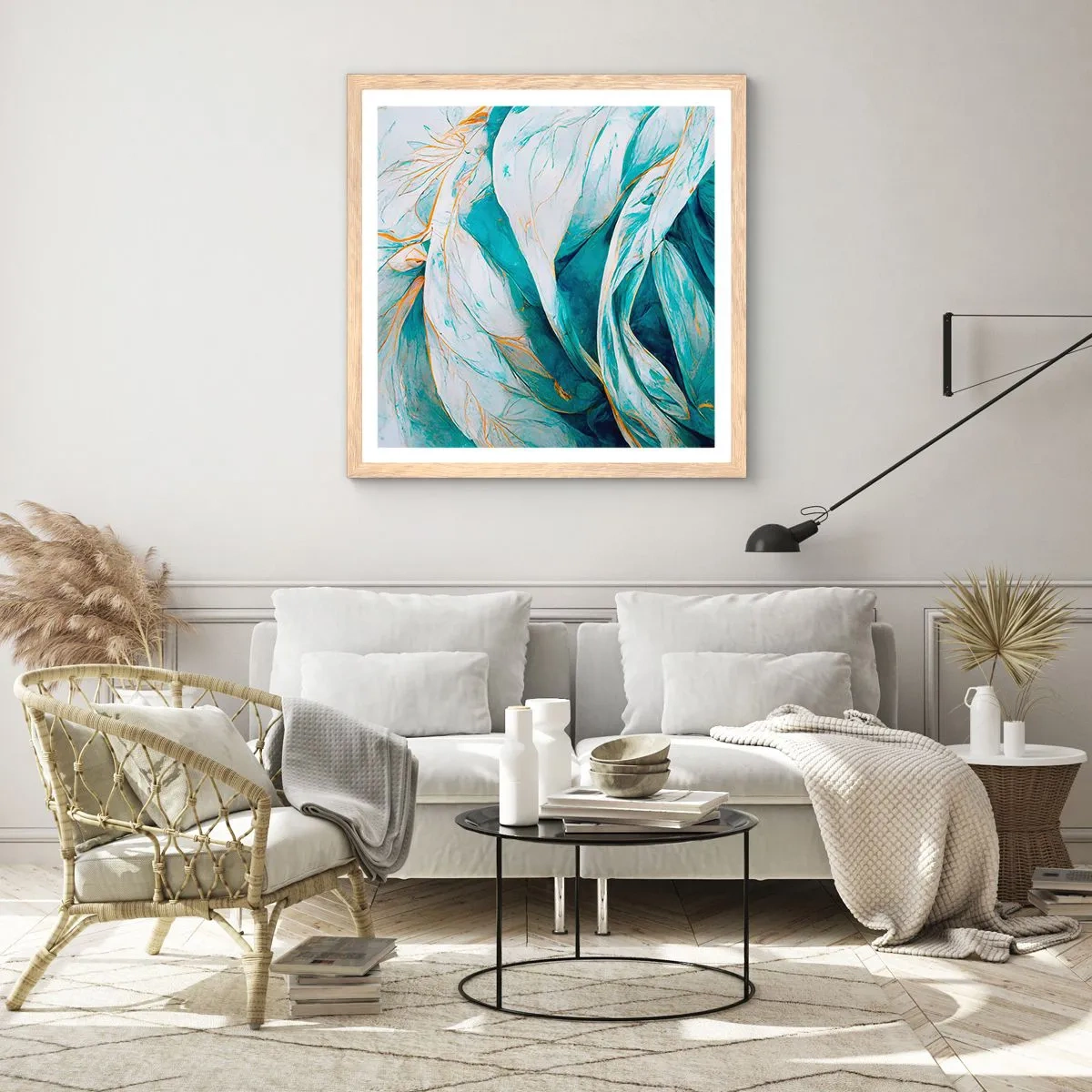 Affiche dans un chêne clair - Poster - Abstraction bleue avec un motif doré - 30x30 cm