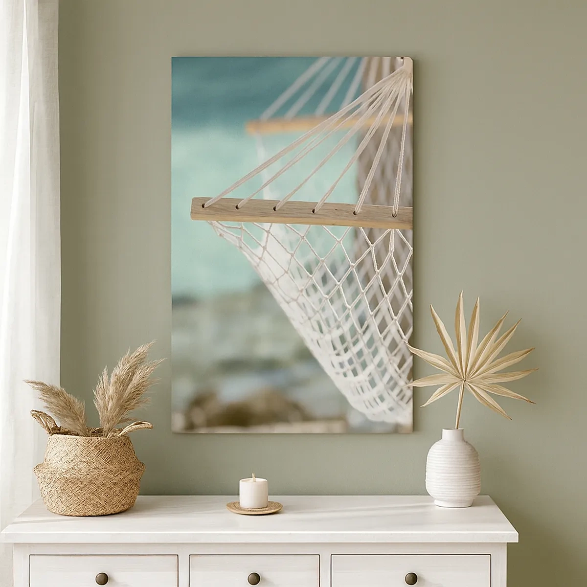 Impression sur toile - Image sur toile - Un hamac surplombant l'eau turquoise - 50x70cm - Le temps de la détente - Décoration murale moderne pour le salon et la chambre ARTTOR