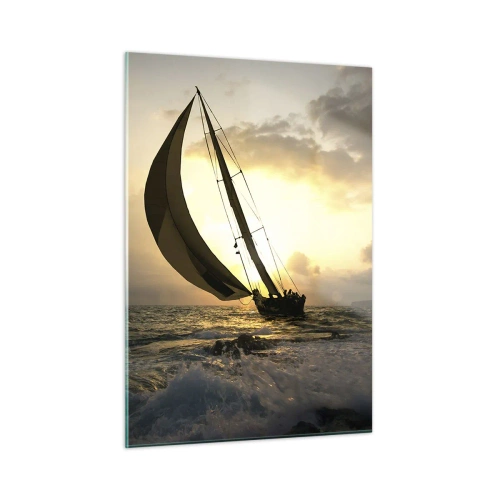 Impression sur verre - Image sur verre - Voiliers dans une mer agitée au coucher du soleil - 50x70cm - Avec le vent et contre le vent - Décoration murale moderne pour le salon et la chambre ARTTOR