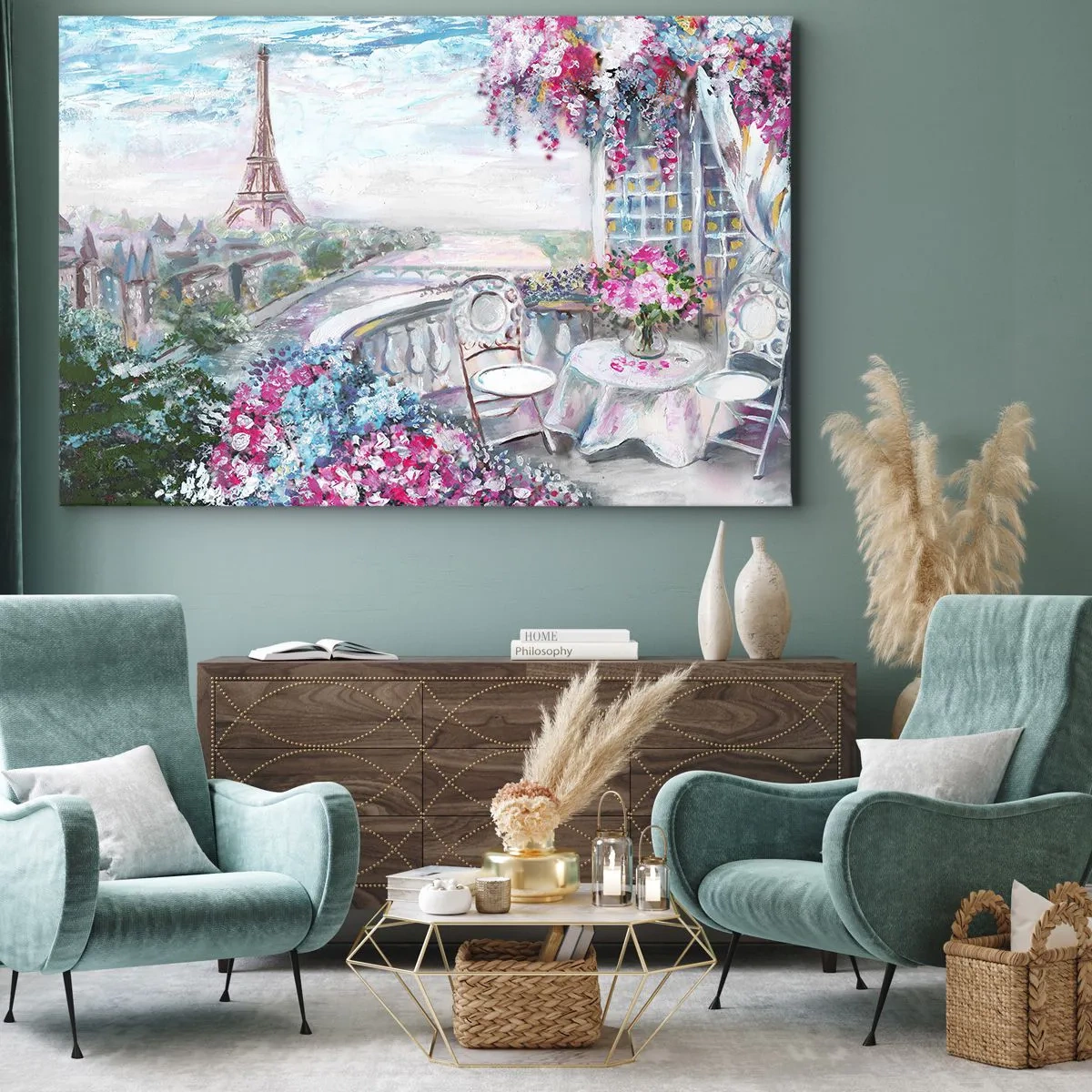 Impression sur toile - Image sur toile - Une vue romantique de Paris avec la Tour Eiffel et un balcon rempli de fleurs - 70x50cm - C'est le plus beau ici en mai - Décoration murale moderne pour le salon et la chambre ARTTOR