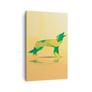 Impression sur toile - Image sur toile - Silhouette de loup géométrique dans les tons verts et jaunes - 80x120cm - Loup solitaire - Décoration murale moderne pour le salon et la chambre ARTTOR