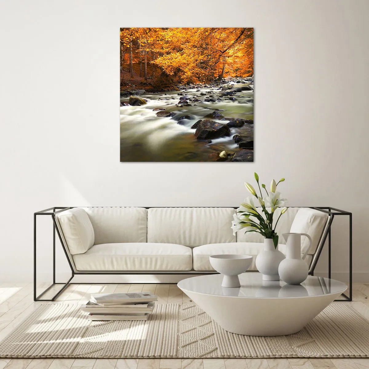 Impression sur verre - Image sur verre - Un ruisseau dans une forêt dorée - 50x50 cm