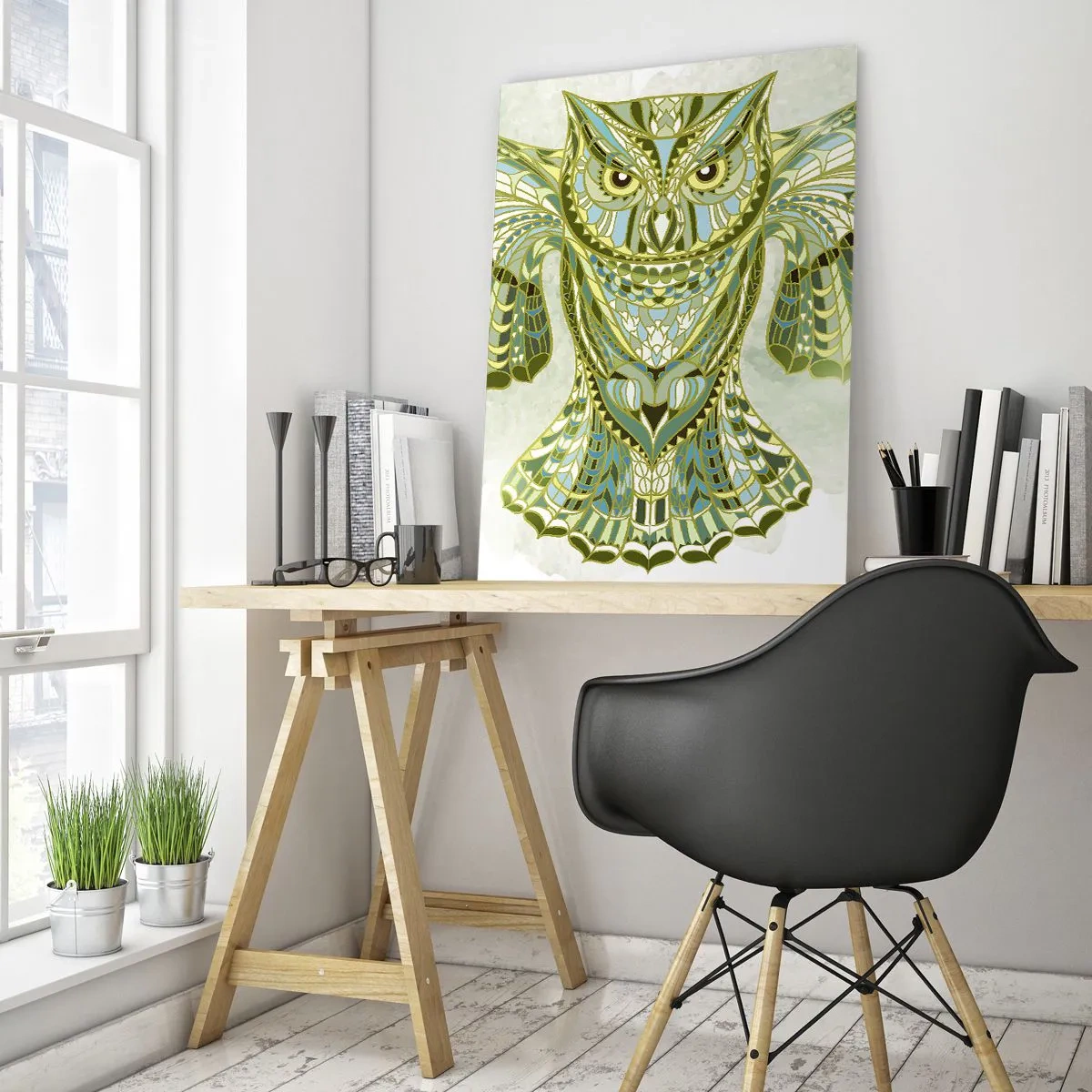 Impression sur verre - Image sur verre - Chouette décorative dans les tons de bleu - 80x120cm - D'un bosquet sacré celtique - Décoration murale moderne pour le salon et la chambre ARTTOR