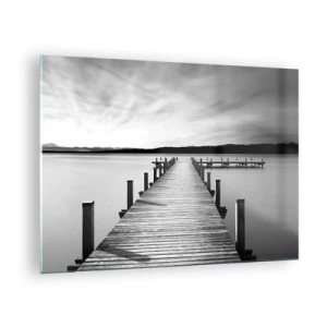 Impression sur verre - Image sur verre - Une jetée en bois mène au loin à travers un lac calme - 70x50cm - Au point d'eau - la paix - Décoration murale moderne pour le salon et la chambre ARTTOR