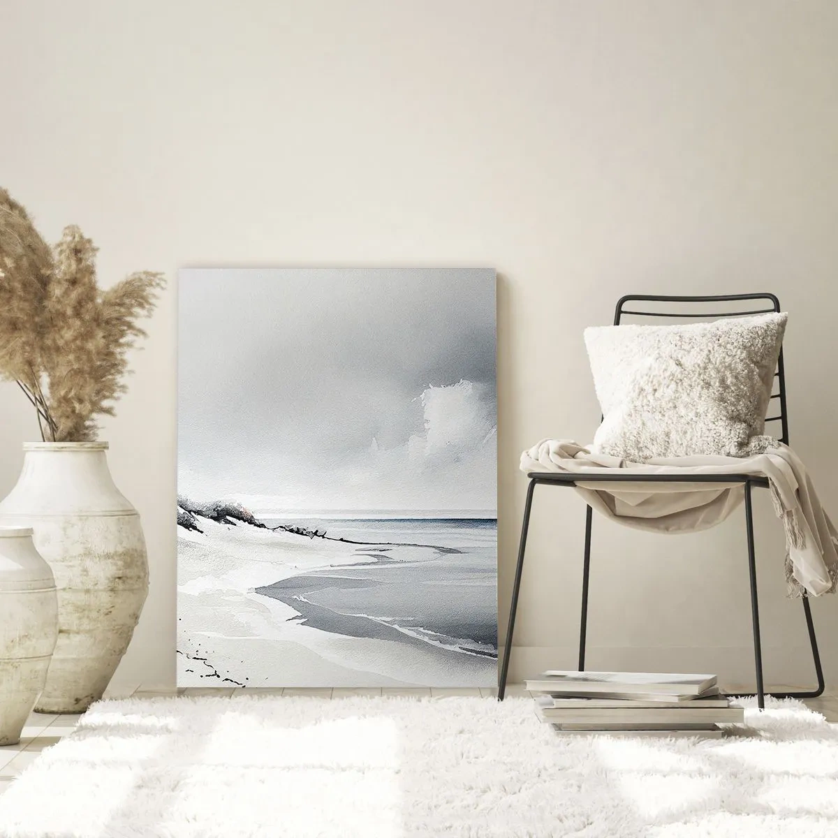 Impression sur verre - Image sur verre - Une plage aux tons sobres de gris et de bleu - 80x120cm - Ensemble depuis toujours - Décoration murale moderne pour le salon et la chambre ARTTOR