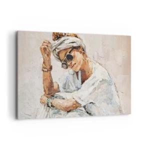 Impression sur toile - Image sur toile - Portrait d'une femme portant des lunettes de soleil contre un mur clair - 120x80cm - Portrait en plein soleil - Décoration murale moderne pour le salon et la chambre ARTTOR