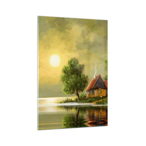 Impression sur verre - Image sur verre - Maison au bord du lac dans la lumière du coucher du soleil - 70x100cm - Beau, comme une image - Décoration murale moderne pour le salon et la chambre ARTTOR