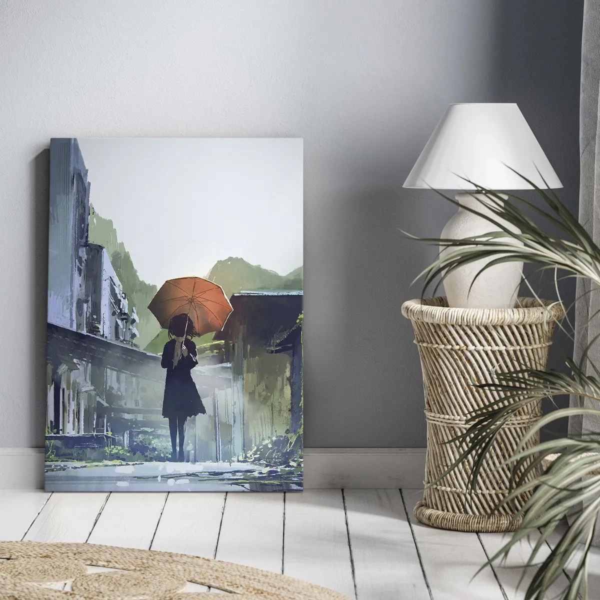 Impression sur toile - Image sur toile - Une silhouette avec un parapluie dans une ville pluvieuse - 80x120cm - Pluie vivifiante - Décoration murale moderne pour le salon et la chambre ARTTOR