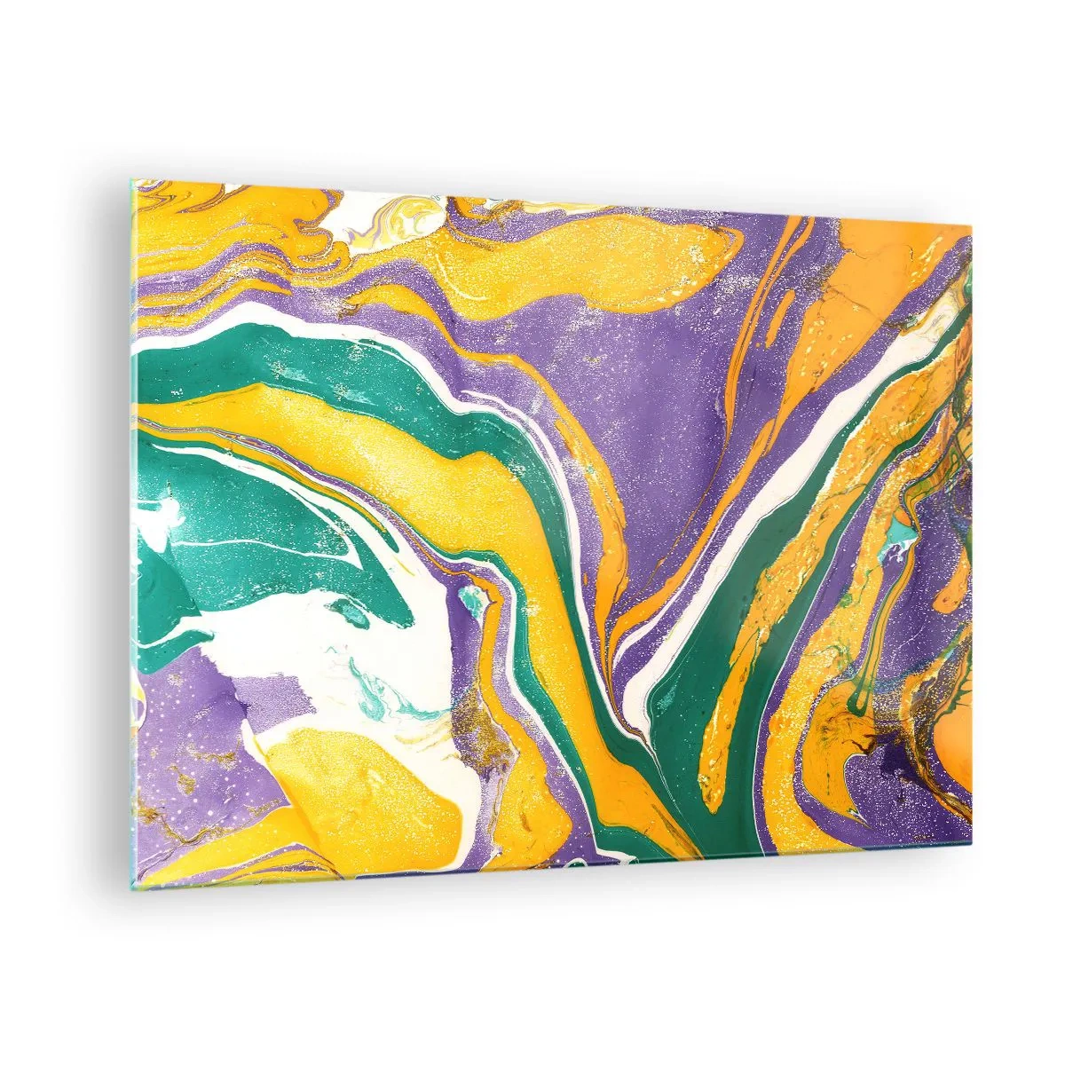 Impression sur verre - Image sur verre - Motif de vagues abstrait en jaune, violet et vert - 70x50cm - Ondes de couleur - Décoration murale moderne pour le salon et la chambre ARTTOR