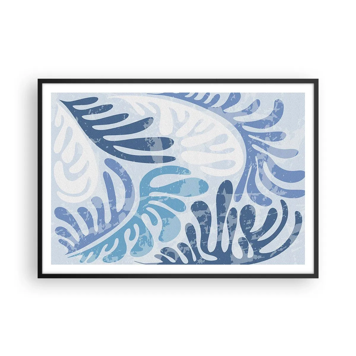 Affiche dans un cadre noir - Poster - Formes abstraites dans des tons de bleu sur fond blanc - 100x70cm - Fougères bleues - Décoration murale moderne pour le salon et la chambre ARTTOR