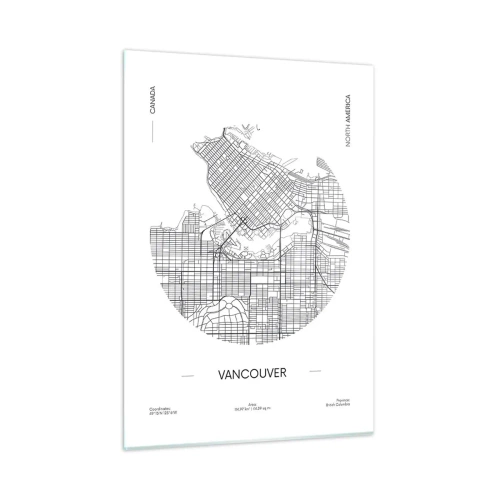 Impression sur verre - Image sur verre - Carte routière en noir et blanc de Vancouver - 50x70cm - Anatomie de Vancouver - Décoration murale moderne pour le salon et la chambre ARTTOR