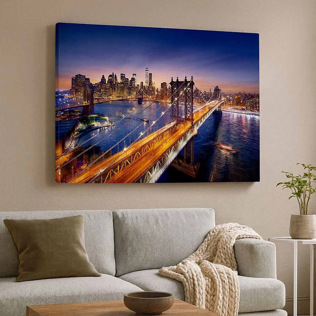 Impression sur toile - Image sur toile - Le pont et le panorama de la ville au coucher du soleil - 70x50cm - Un pont lumineux au cœur de la ville - Décoration murale moderne pour le salon et la chambre ARTTOR