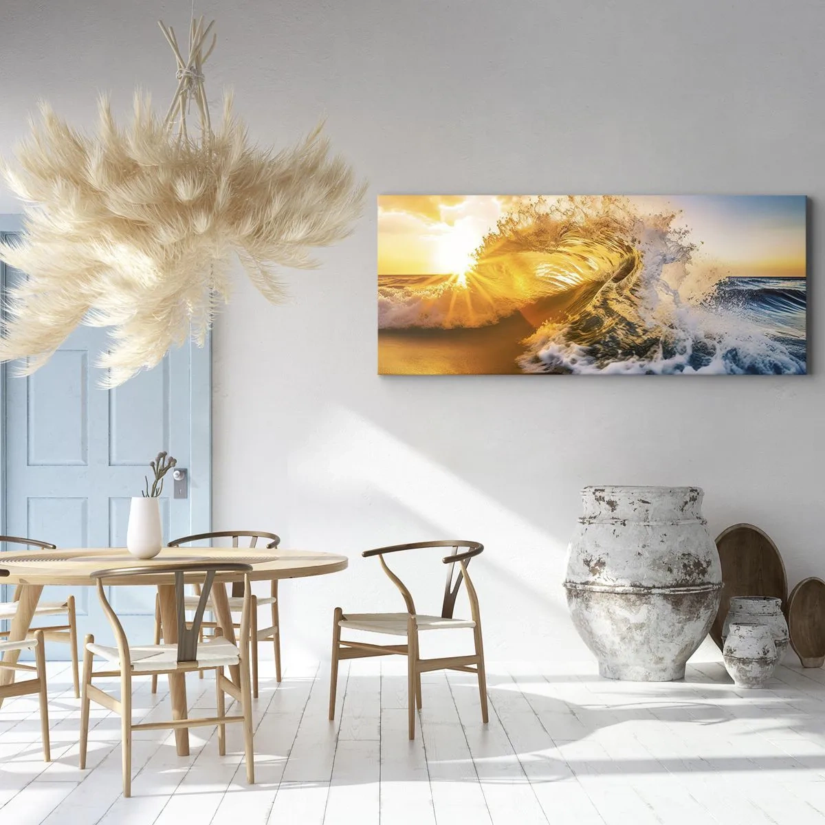 Impression sur toile - Image sur toile - Une vague dorée sur fond de soleil couchant - 120x50cm - S'amuser dans le sable - Décoration murale moderne pour le salon et la chambre ARTTOR