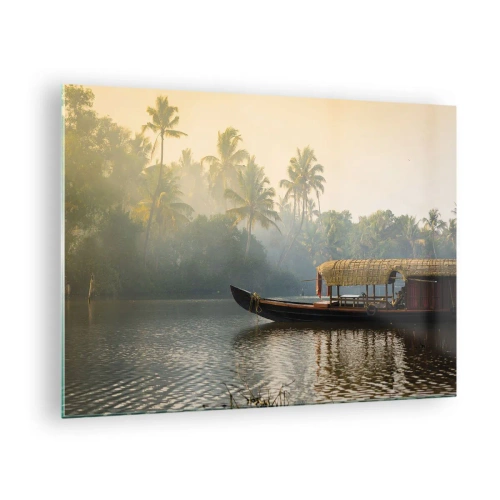 Impression sur verre - Image sur verre - Un bateau sur une rivière calme entourée de palmiers le matin - 70x50cm - Maison sur la rivière - Décoration murale moderne pour le salon et la chambre ARTTOR
