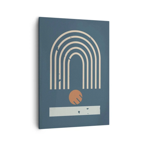 Impression sur toile - Image sur toile - Motif géométrique dans les tons bleu marine, beige et orange sur fond sombre - 50x70cm - Géométrie sur la grenade - Décoration murale moderne pour le salon et la chambre ARTTOR