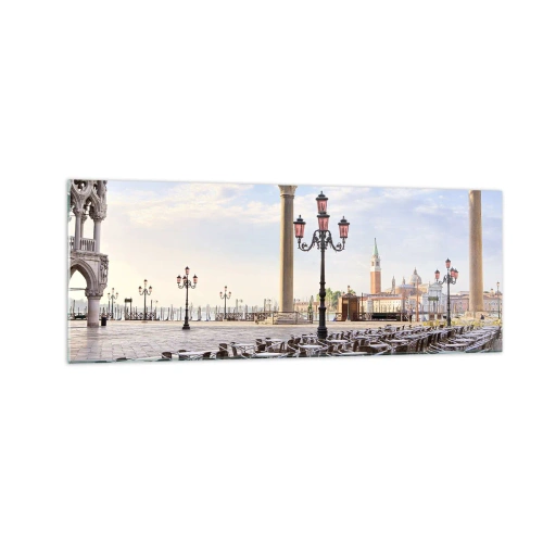 Impression sur verre - Image sur verre - Venise, vue de la place avec des colonnes et des tables de café - 140x50cm - Nous vous invitons, tout est prêt - Décoration murale moderne pour le salon et la chambre ARTTOR