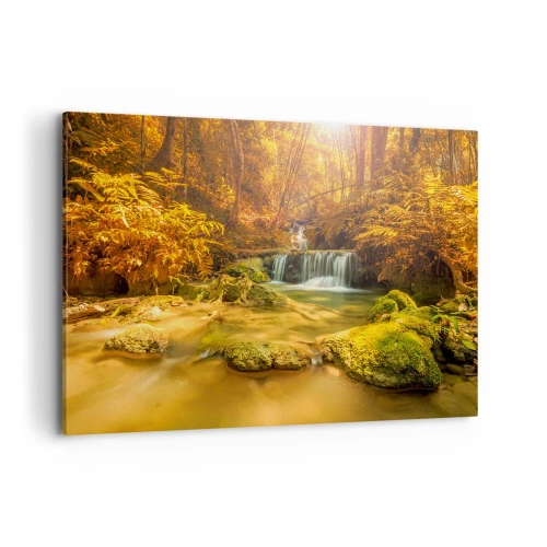 Impression sur toile - Image sur toile - Une cascade dorée dans une forêt d'automne entourée de verdure - 100x70cm - Cascade de forêt en or - Décoration murale moderne pour le salon et la chambre ARTTOR