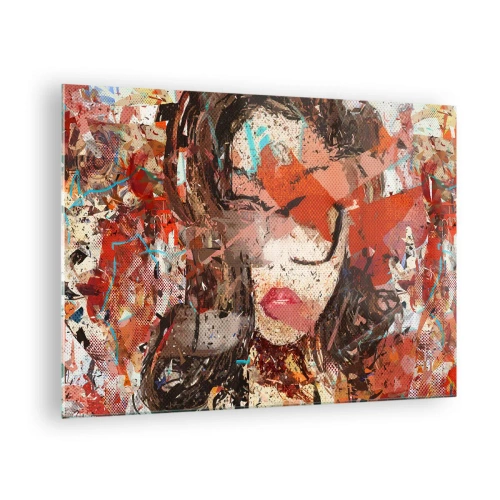 Impression sur verre - Image sur verre - Portrait abstrait d'une femme dans les tons de rouge et de beige - 70x50cm - Personne ne sait ce que tu es vraiment - Décoration murale moderne pour le salon et la chambre ARTTOR