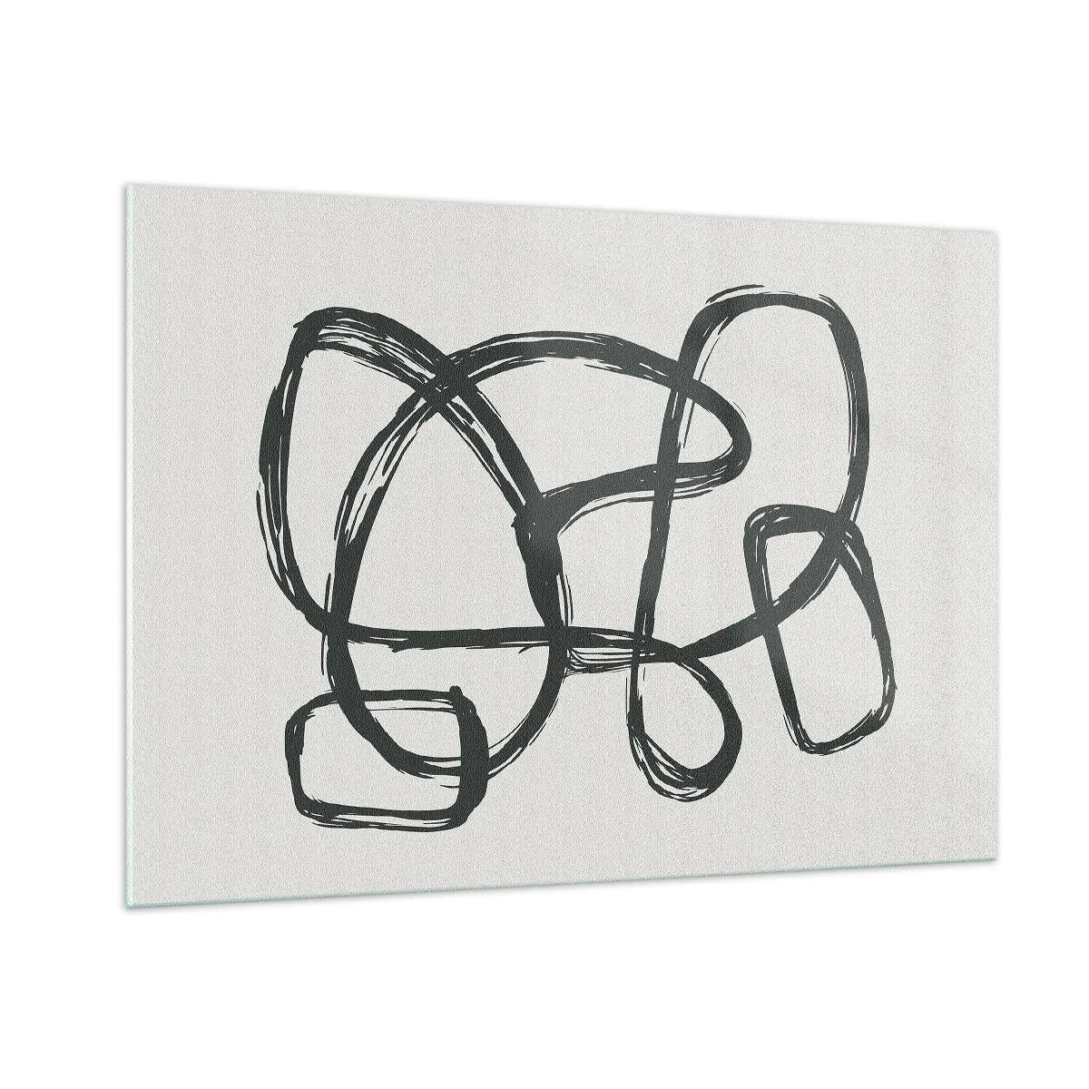 Impression sur verre - Image sur verre - Des boucles et des lignes noires forment une composition abstraite sur fond blanc. - 100x70cm - Abstraction en boucle - Décoration murale moderne pour le salon et la chambre ARTTOR