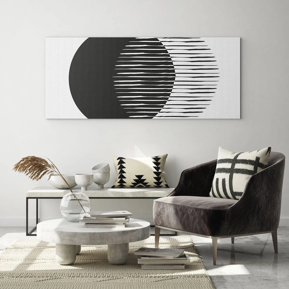 Impression sur verre - Image sur verre - Deux cercles superposés avec des lignes noires et blanches - 160x50cm - Son alter ego - Décoration murale moderne pour le salon et la chambre ARTTOR