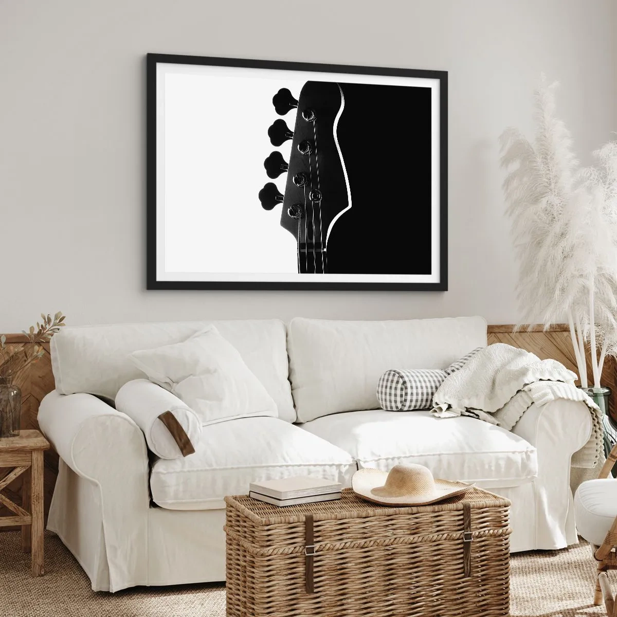 Affiche dans un cadre noir - Poster - Silhouette noire et blanche d'une tête de guitare basse - 70x50cm - Silence de roche - Décoration murale moderne pour le salon et la chambre ARTTOR