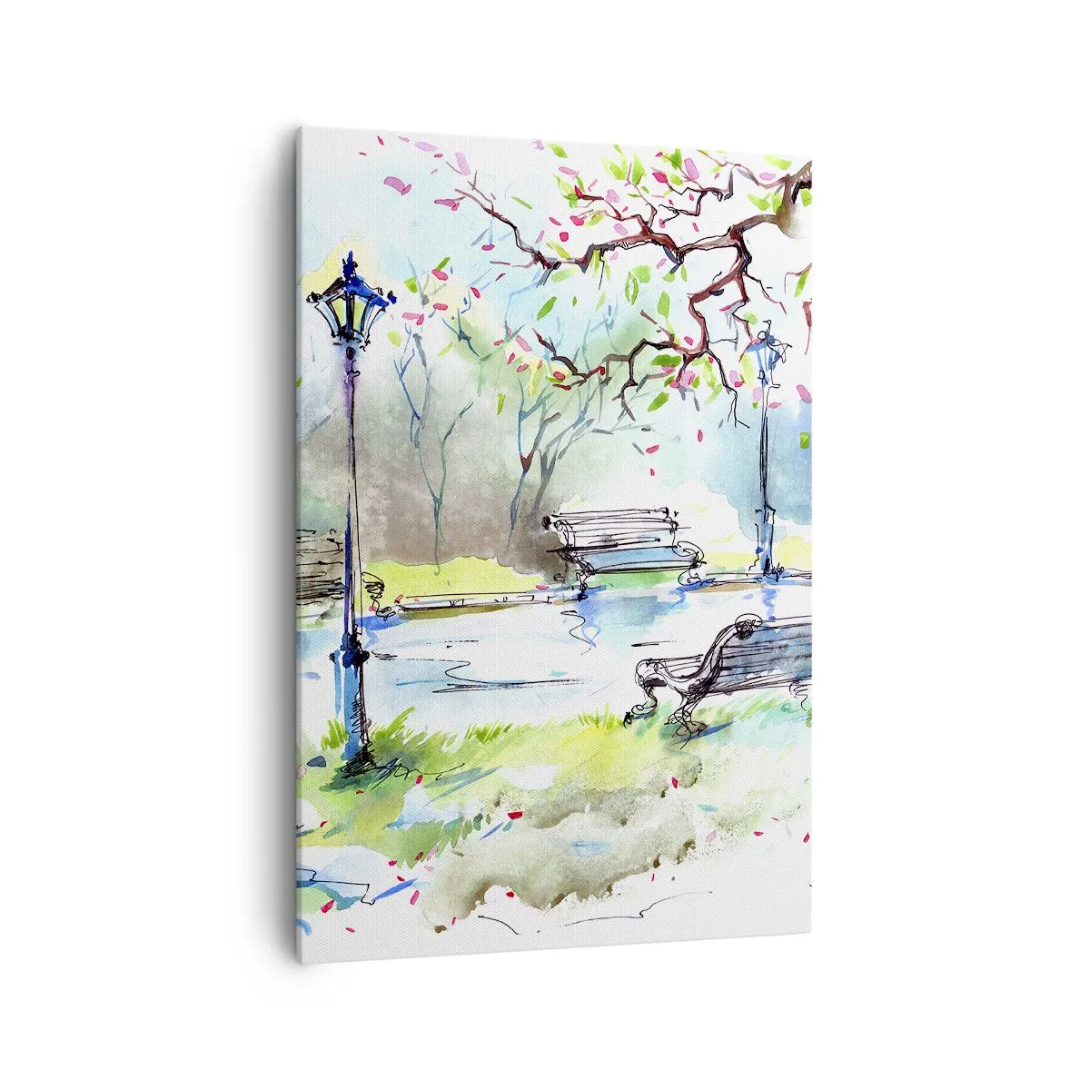 Impression sur toile - Image sur toile - Scène de parc à l'aquarelle avec bancs et lampes - 70x100cm - Le charme du silence d'un parc - Décoration murale moderne pour le salon et la chambre ARTTOR