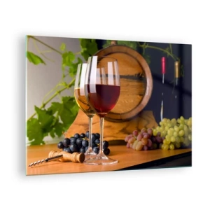 Impression sur verre - Image sur verre - Verres de vin, raisins et un tonneau sur fond de feuilles de vigne - 70x50cm - Comme les vieux maîtres - Décoration murale moderne pour le salon et la chambre ARTTOR
