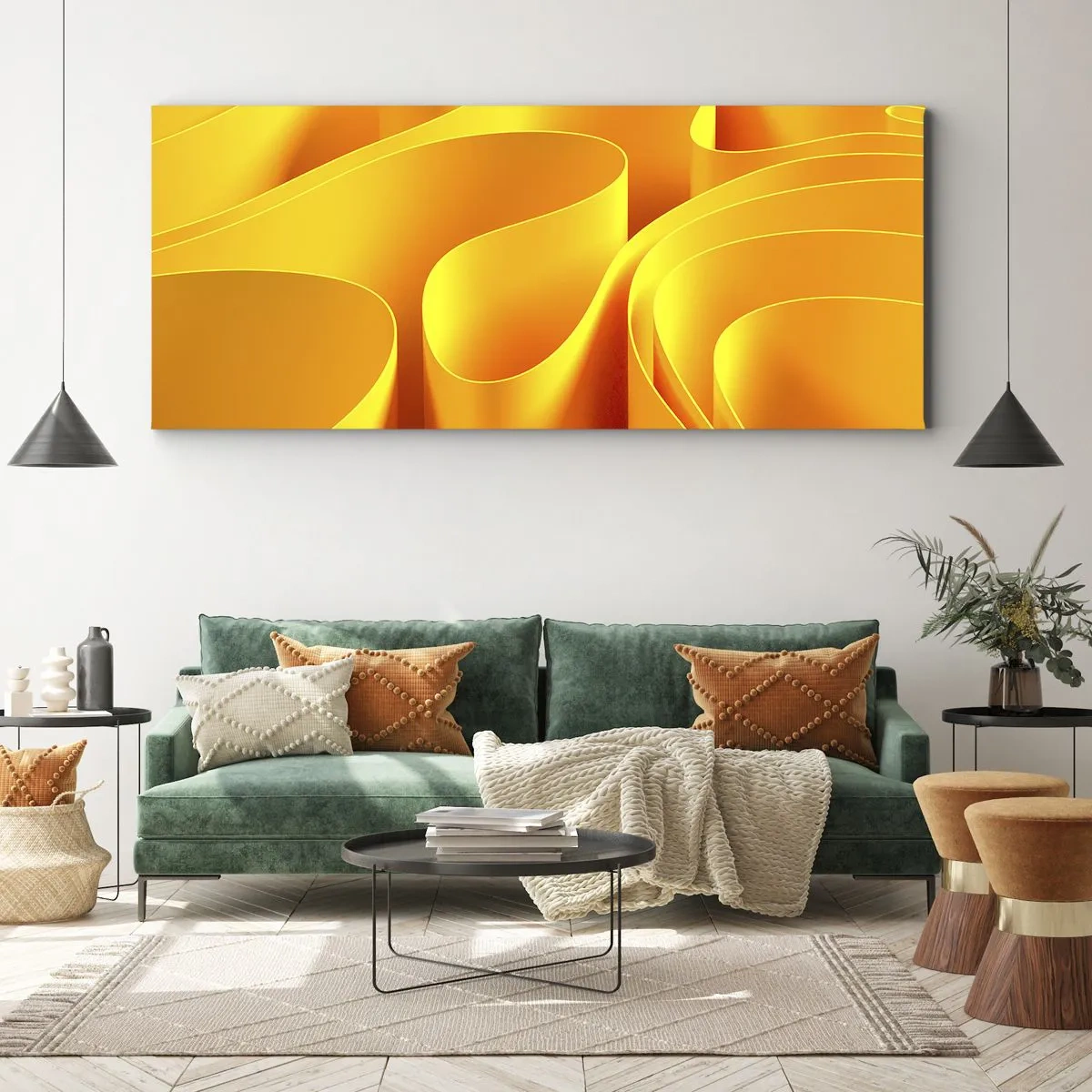 Impression sur toile - Image sur toile - Vagues abstraites jaunes ressemblant à des rayons de soleil - 140x50cm - Comme les vagues du soleil - Décoration murale moderne pour le salon et la chambre ARTTOR