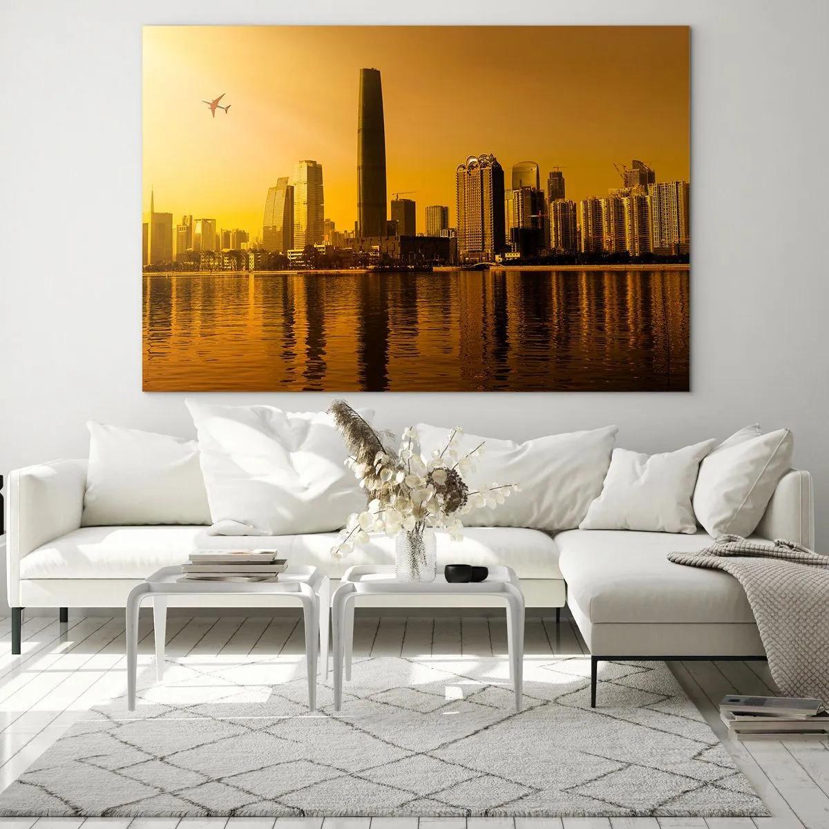 Impression sur verre - Image sur verre - Une ville moderne avec des gratte-ciel au coucher du soleil - 100x70cm - La ville en or - Décoration murale moderne pour le salon et la chambre ARTTOR