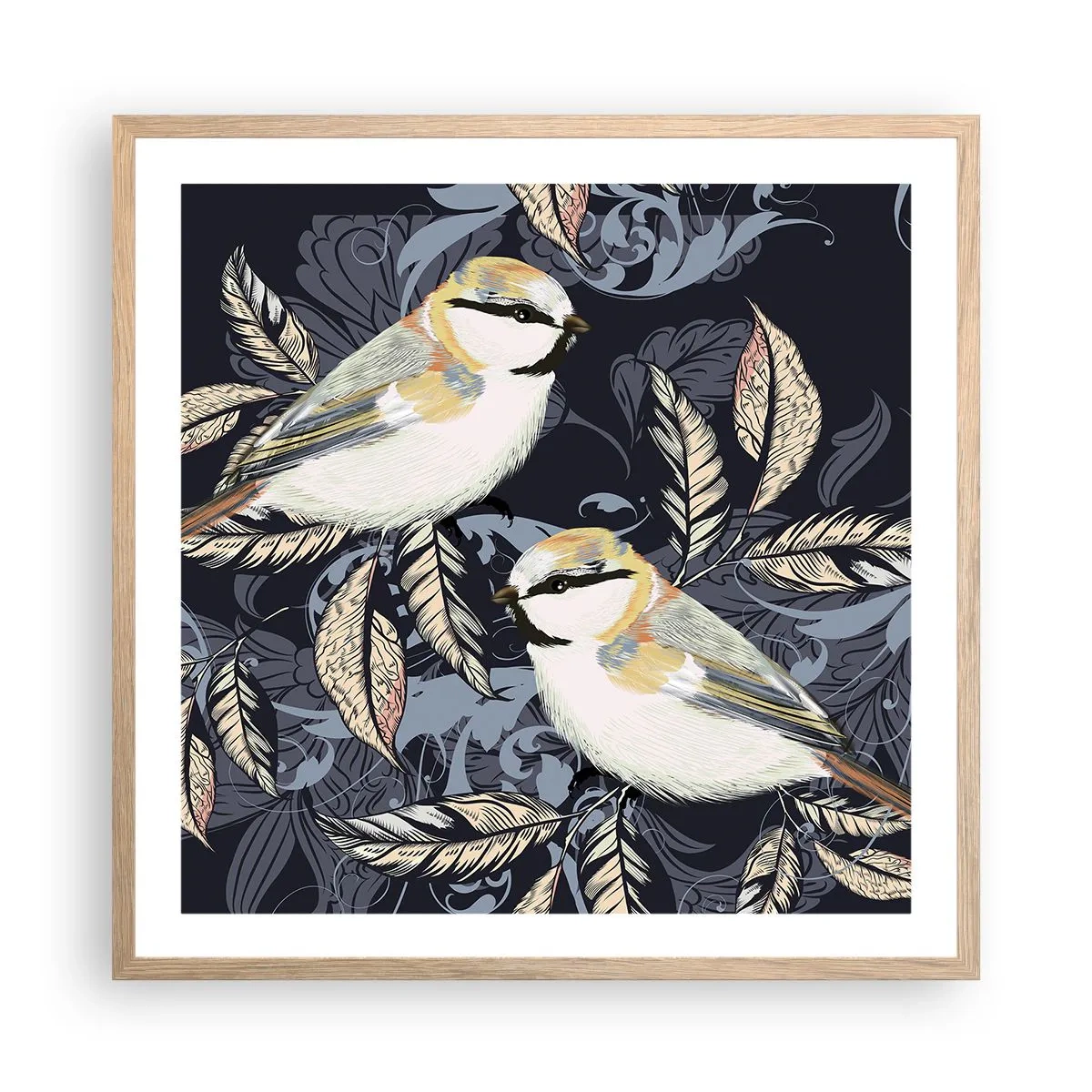 Affiche dans un chêne clair - Poster - Babillement jaune et bleu - 60x60 cm