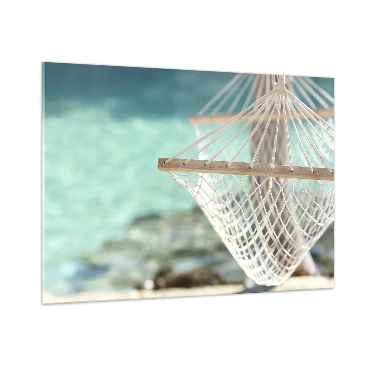 Impression sur verre - Image sur verre - Un hamac surplombant les eaux turquoise cristallines - 100x70cm - Le temps de la détente - Décoration murale moderne pour le salon et la chambre ARTTOR