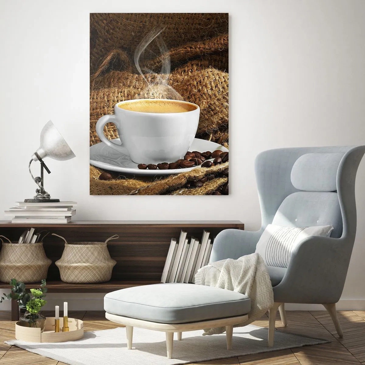 Impression sur verre - Image sur verre - Une tasse de café avec des grains sur un fond de jute - 50x70cm - L'odeur du moka et la densité du miel liquide - Décoration murale moderne pour le salon et la chambre ARTTOR