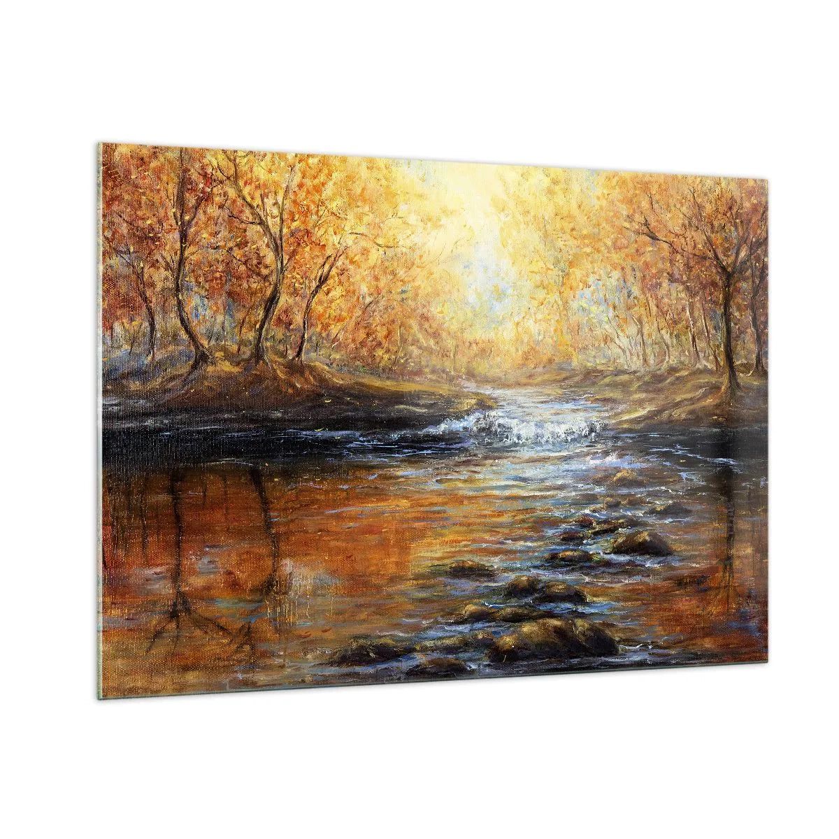 Impression sur verre - Image sur verre - Un ruisseau doré dans la forêt entouré d'arbres d'automne - 100x70cm - Le ruisseau d'or - Décoration murale moderne pour le salon et la chambre ARTTOR