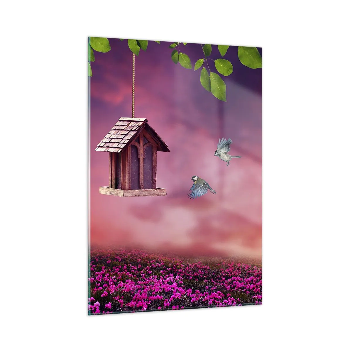 Impression sur verre - Image sur verre - Une mangeoire à oiseaux contre un ciel rose - 50x70cm - Invitation à dîner - Décoration murale moderne pour le salon et la chambre ARTTOR