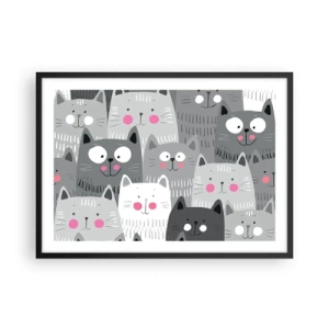 Affiche dans un cadre noir - Poster - Un motif amusant avec des chats dans des tons de gris - 70x50cm - Le monde des chats - Décoration murale moderne pour le salon et la chambre ARTTOR