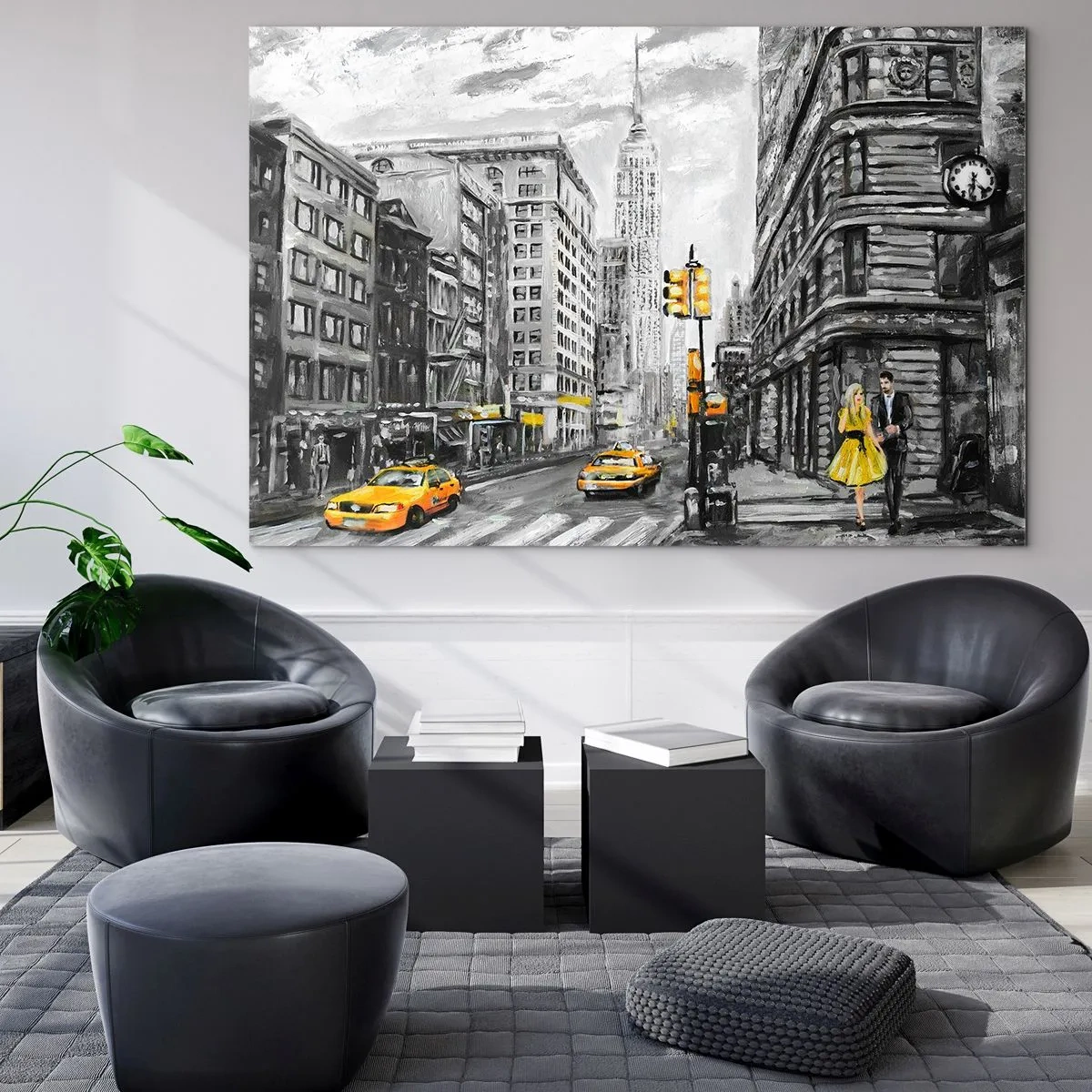 Impression sur verre - Image sur verre - Une illustration de la ville de New York dans des tons de noir et blanc avec des accents jaunes. - 70x50cm - Une histoire new-yorkaise - Décoration murale moderne pour le salon et la chambre ARTTOR