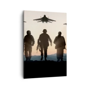 Impression sur toile - Image sur toile - Silhouettes de soldats et d'avions de chasse sur fond de coucher de soleil - 50x70cm - Bienvenue dans notre monde - Décoration murale moderne pour le salon et la chambre ARTTOR