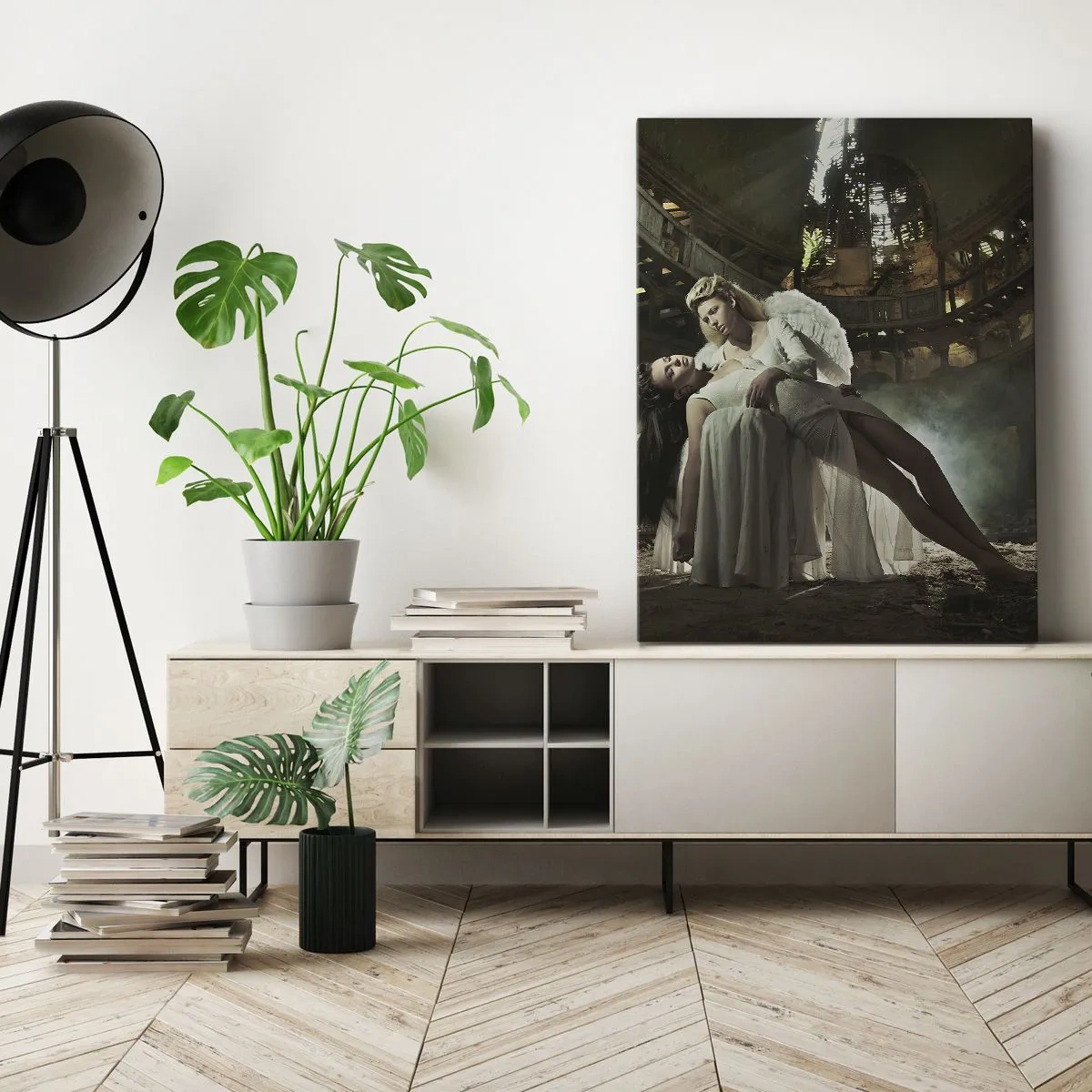 Impression sur toile - Image sur toile - Deux personnages en ruines avec un jeu de lumière - 50x70cm - L'esprit du théâtre ancien - Décoration murale moderne pour le salon et la chambre ARTTOR